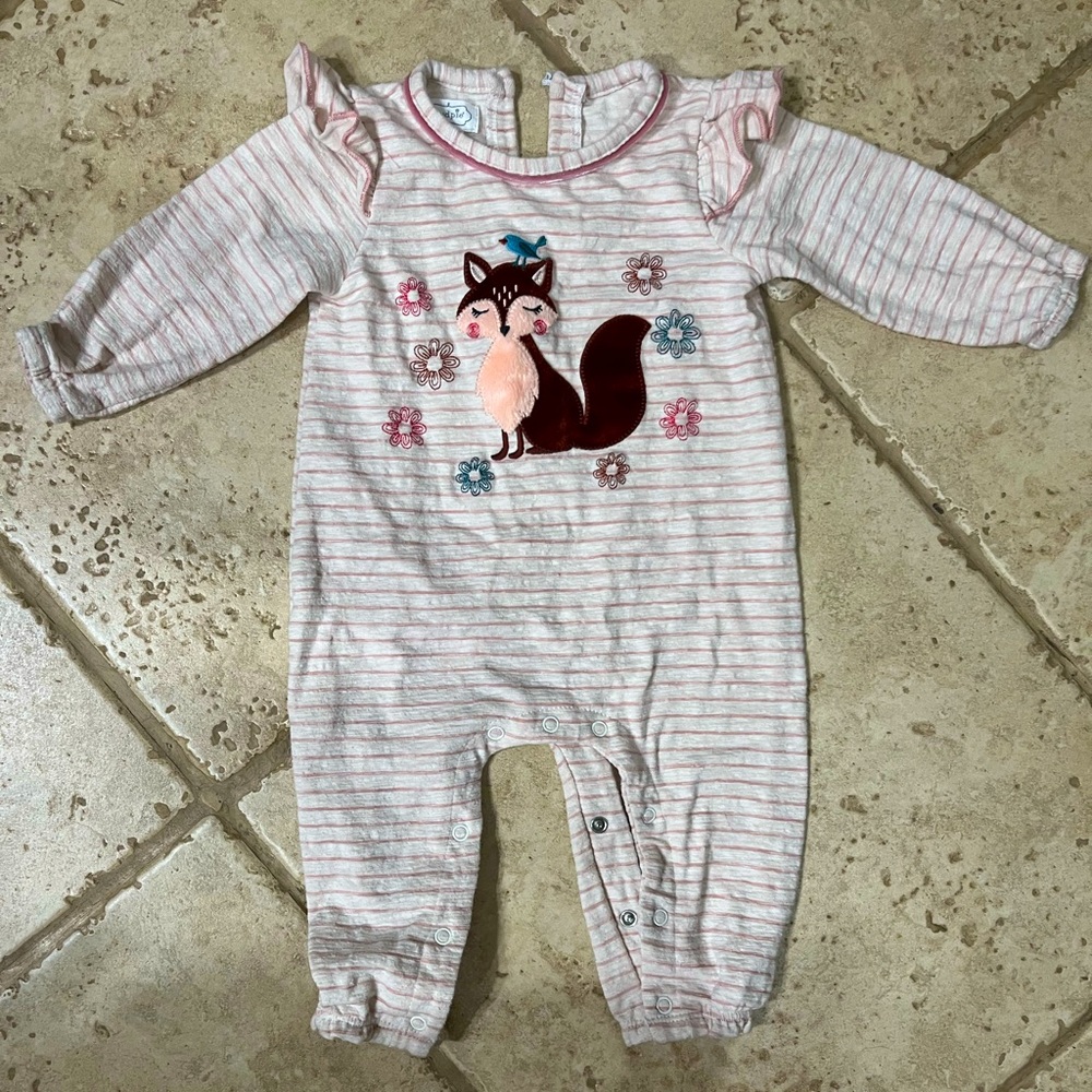 Mud Pie Pink Striped Baby Girl One Piece with Fox Design size 6-9 months